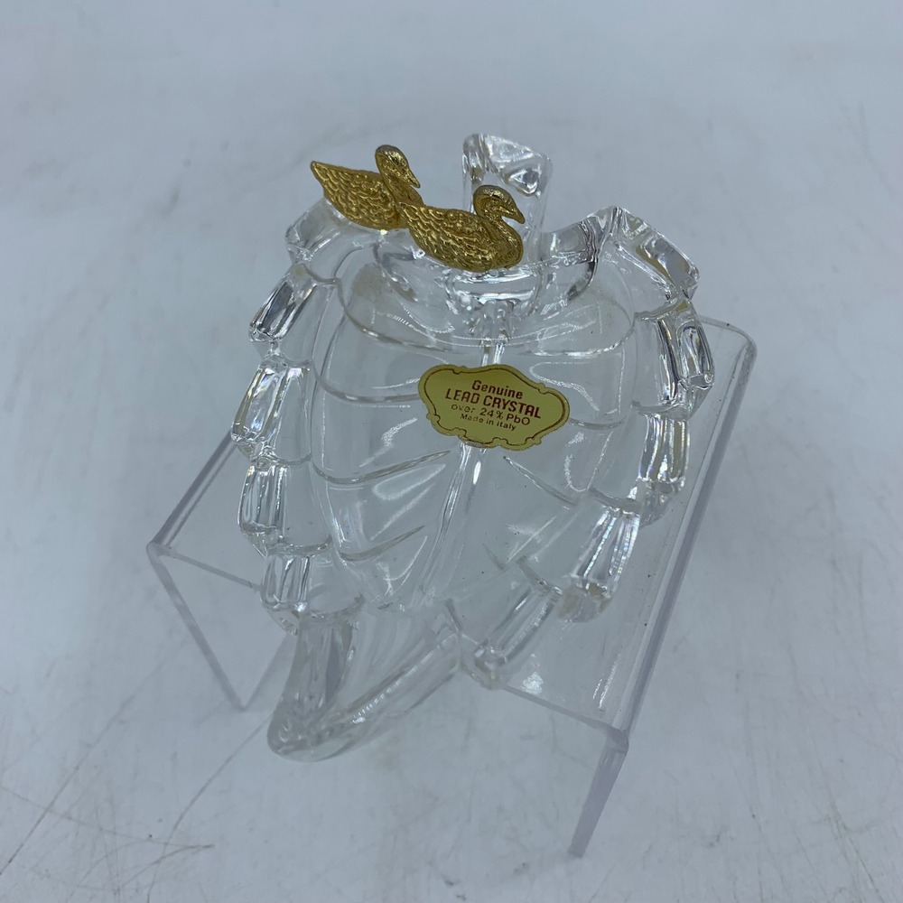 Vtg Italian Italy Lead Crystal Leaf Trinket Dish Gold Tone Swans Regency Cottage